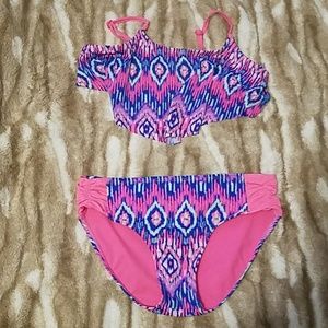 Justice 2 piece neon swimsuit.